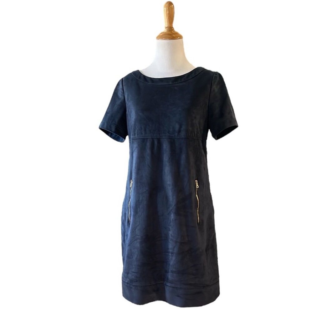 PHOEBE COUTURE FAUX SUEDE SHORT SLEEVE MINI SHIFT DRESS DARK BLUE SIZE 4